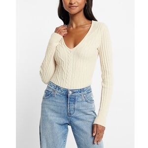 NWT Express Cable Knit V-Neck Sweater Thong Bodysuit